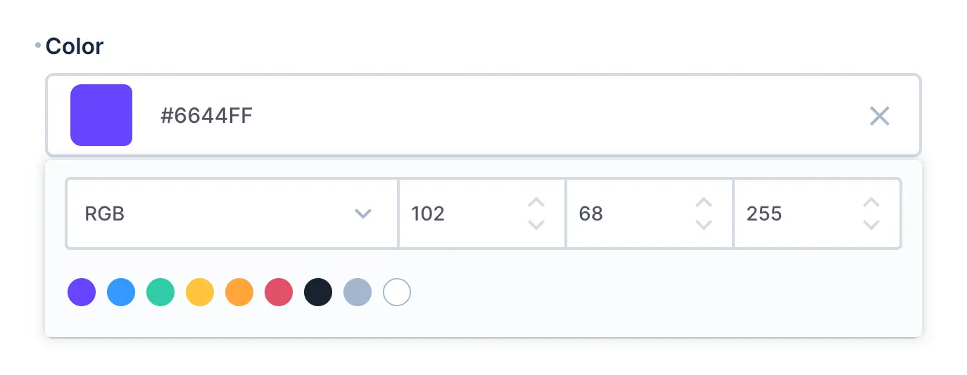 A text input for color hex codes that allows user to select color modes 