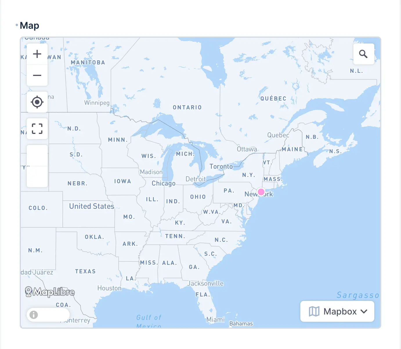 An interactive map interface that shows a single point on the east coast of the United States. Map has buttons for zoom, search, and full screen.