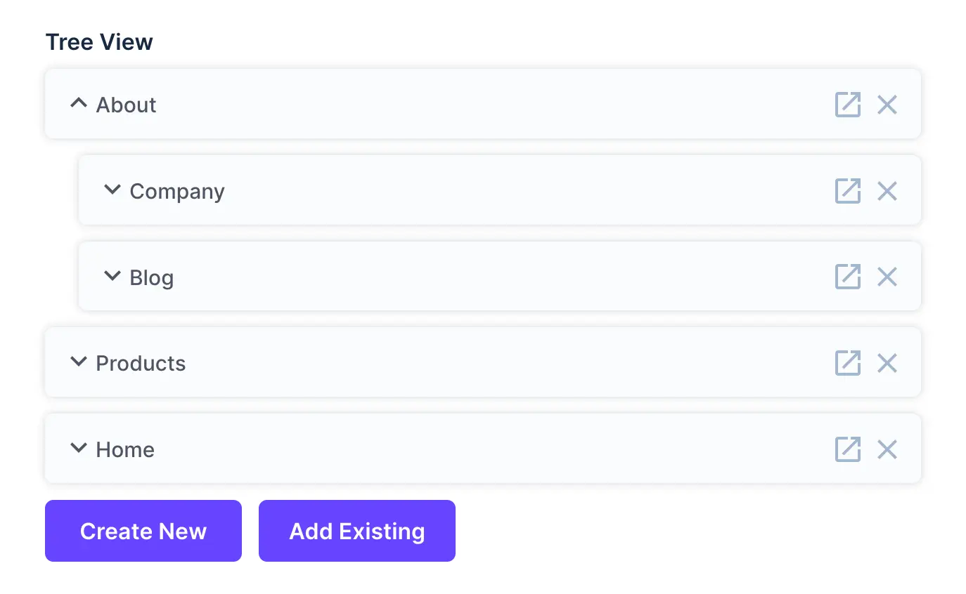 A form interface that shows multiple parent and child items from the same collection. Buttons for "Create New" and "Add Existing".