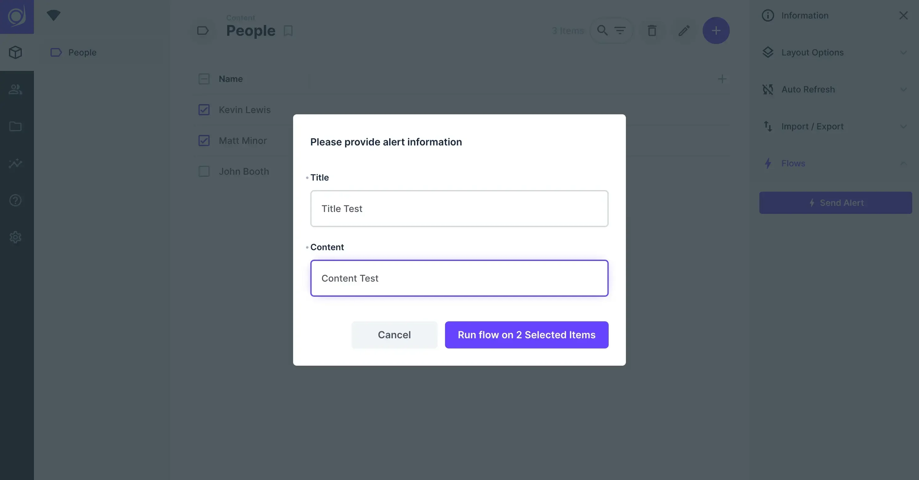 A modal is shown reading "Please provide alert information" with two text fields - one for text and one for content.