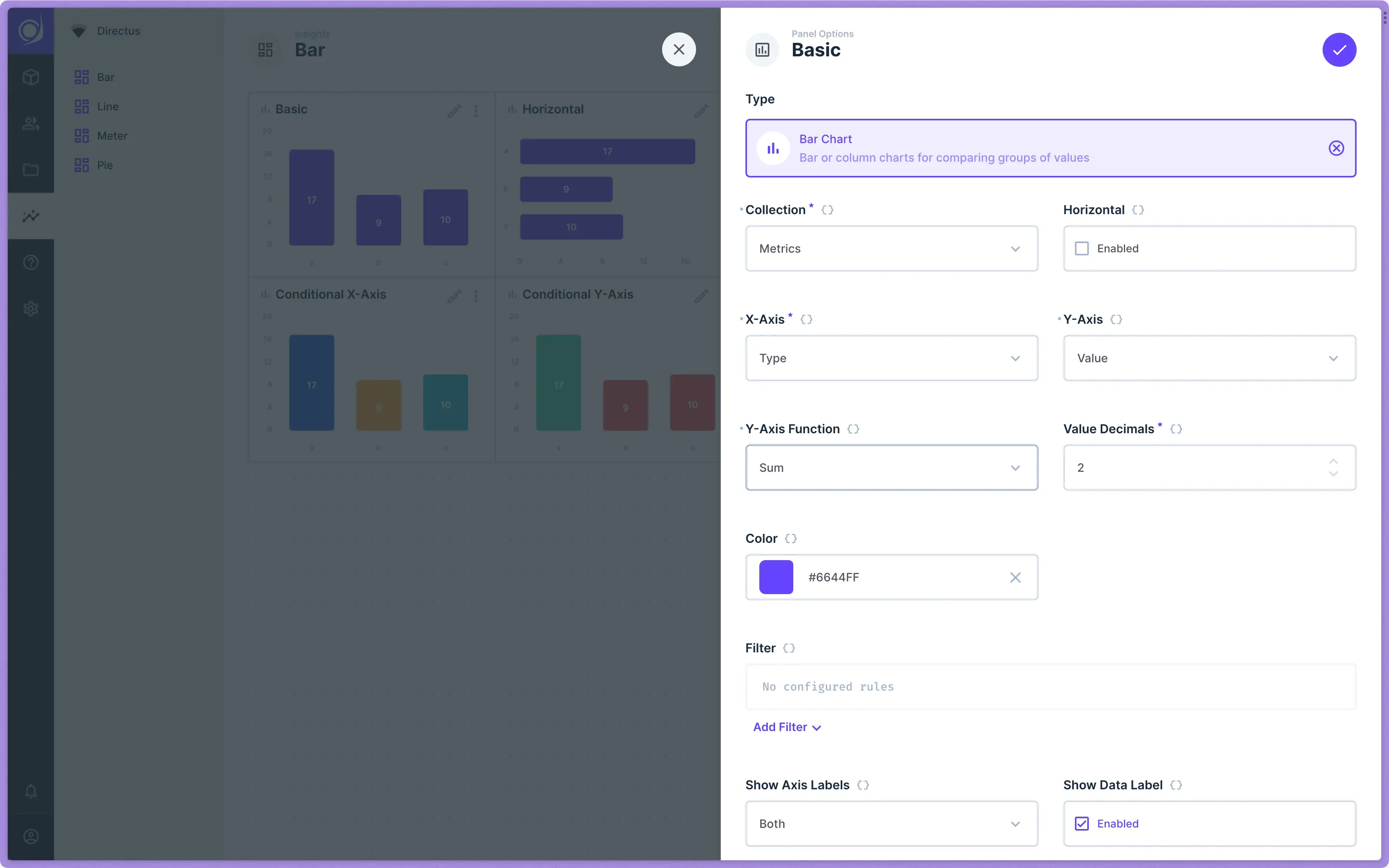 Dashboard edit page with a bar chart options panel visible.