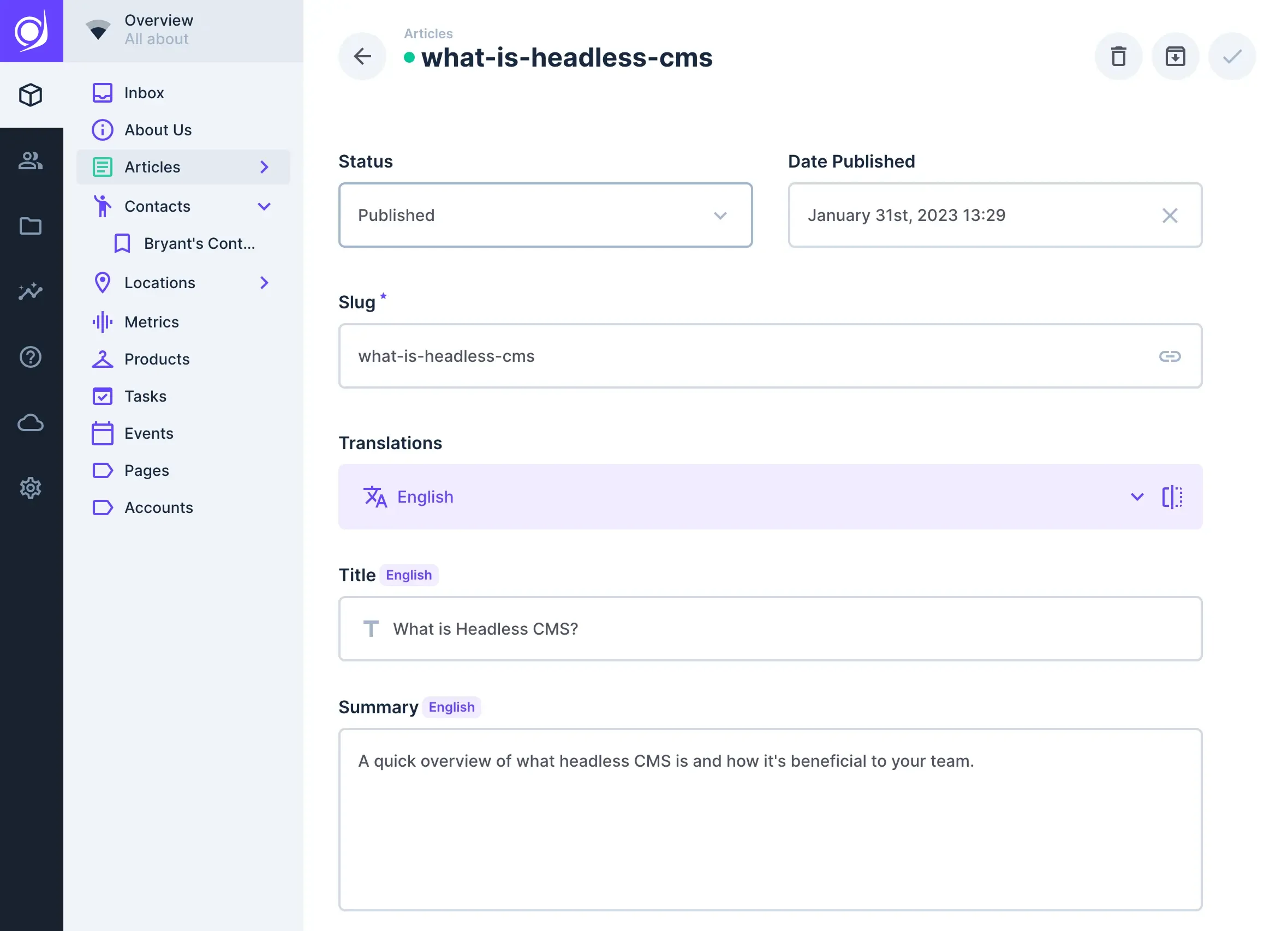A content item within the Articles collection is shown. The title is "What is Headless CMS?". English translations are also shown with a Summary field. The Summary reads "A quick overview of what Headless CMS is and how it's beneficial to your team."