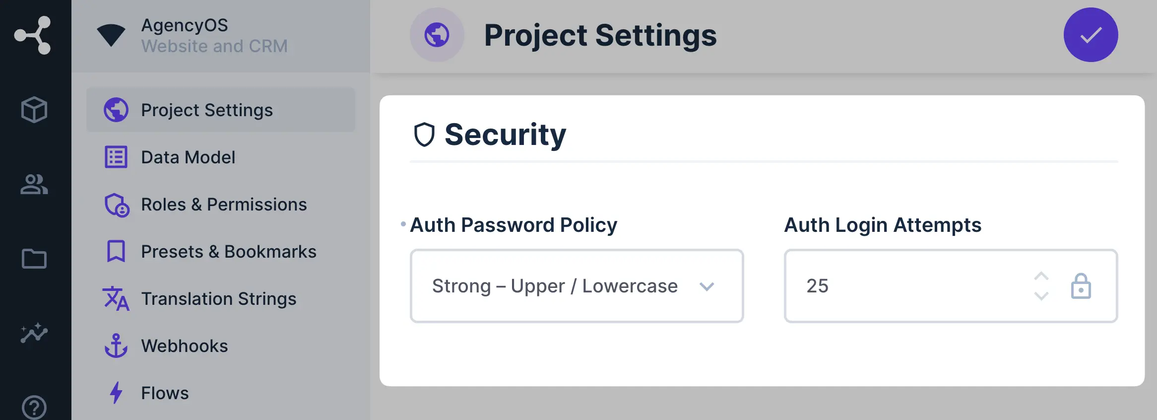 The Project Settings page is shown. The Security section is highlighted. Within the Security, section there are two fields shown: Auth Password Policy and Auth Login Attempts.
